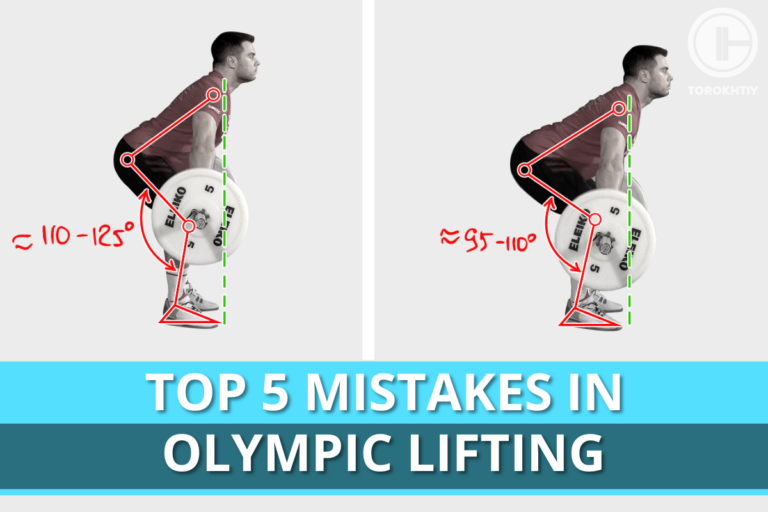 Olympic lifting guide: side-by-side of correct vs. incorrect barbell form, with posture lines and "Top 5 Mistakes In Olympic Lifting". (Torokhtiy Weightlifting)