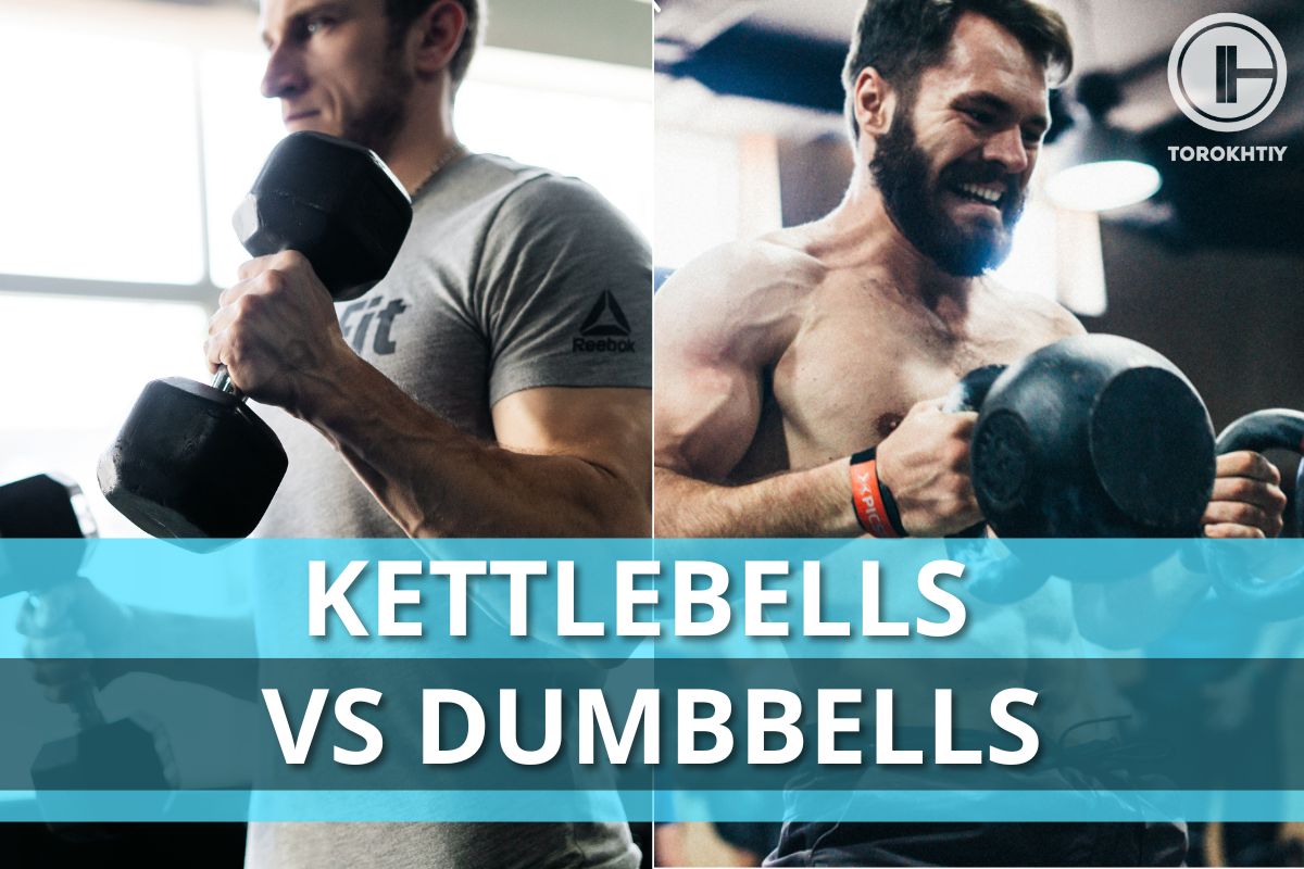 Men athletes with dumbbells and kettlebells