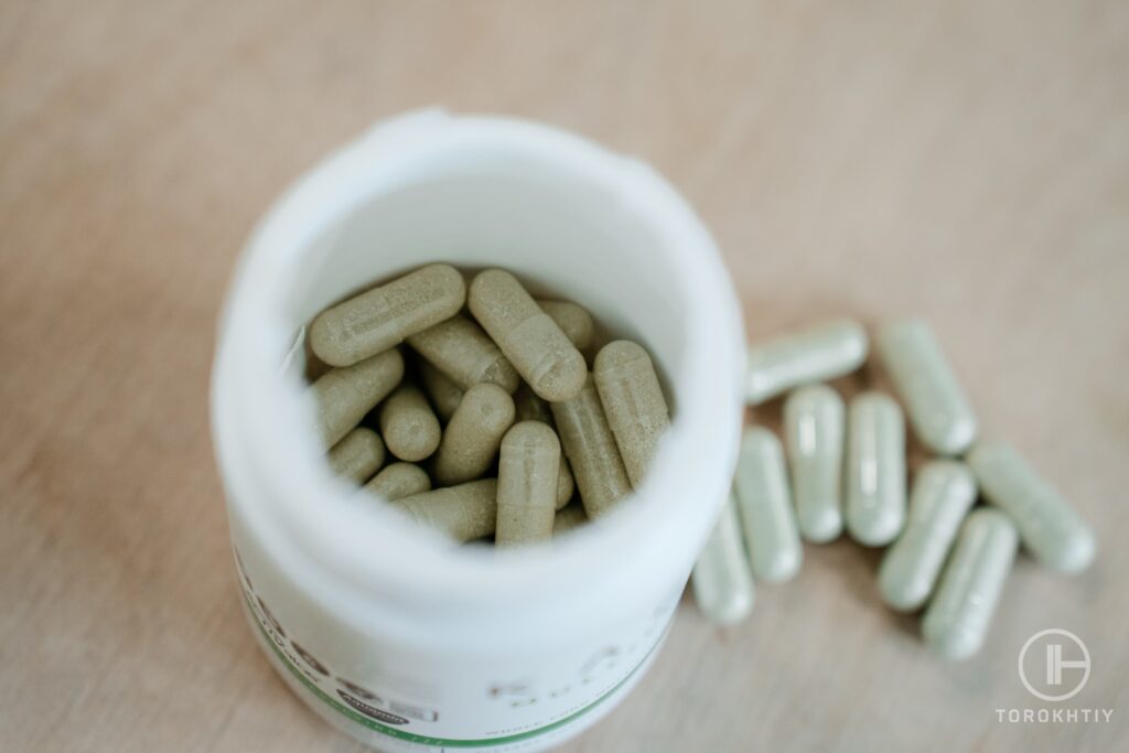 view on capsules of multivitamins in the bottle