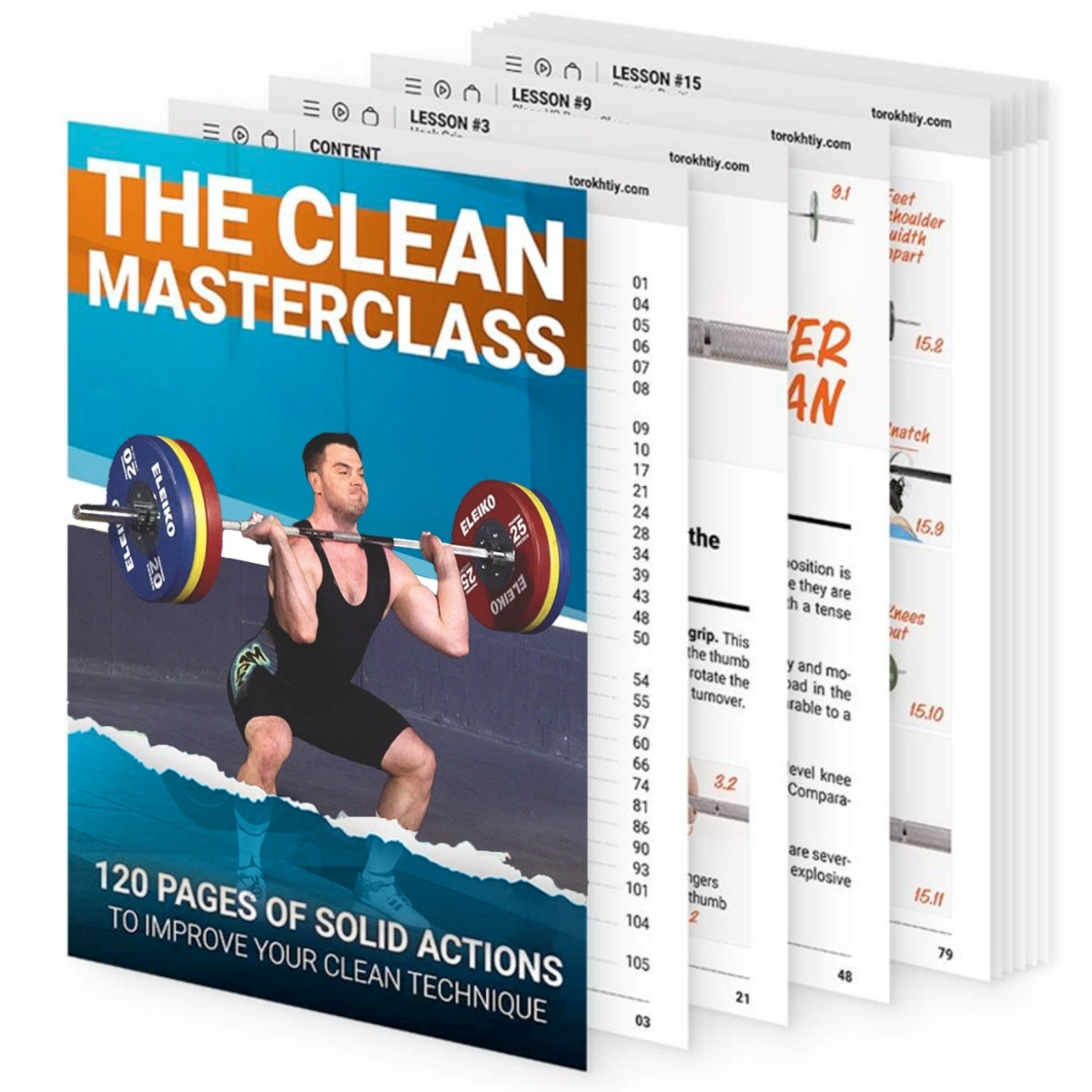 The Clean Masterclass book cover features a man doing a barbell clean lift; 120 pages to enhance clean technique and athletic power. (Torokhtiy Weightlifting)