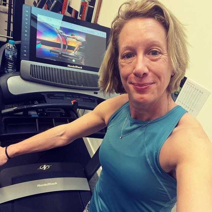 Becky Naylor with peloton treadmill at home