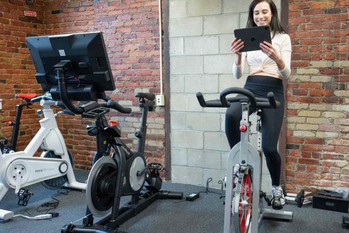 Woman using exercise bike