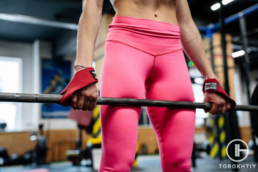 woman wears lifting straps and holds barbell