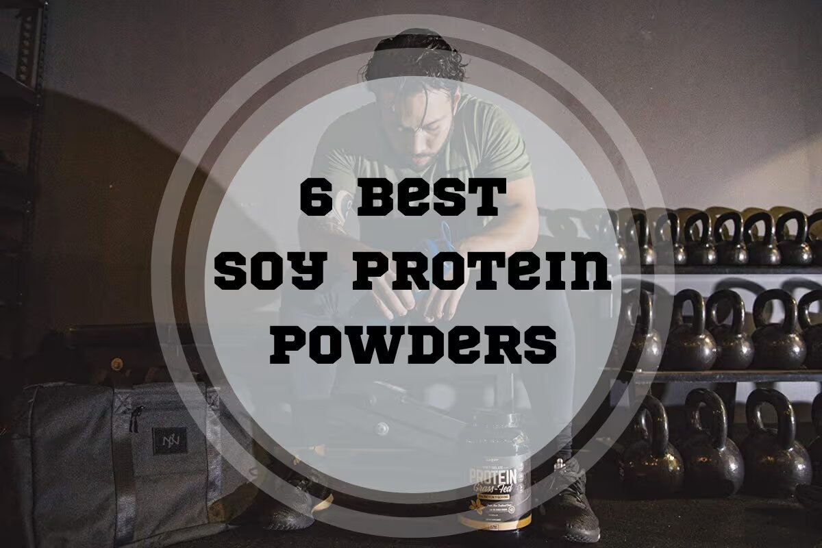 man and soy protein powder bottle