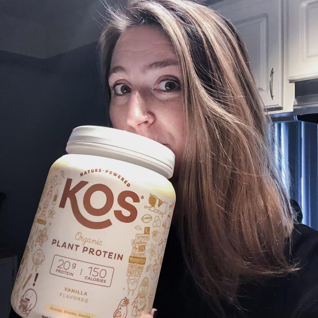 kos plant protein bottle and woman