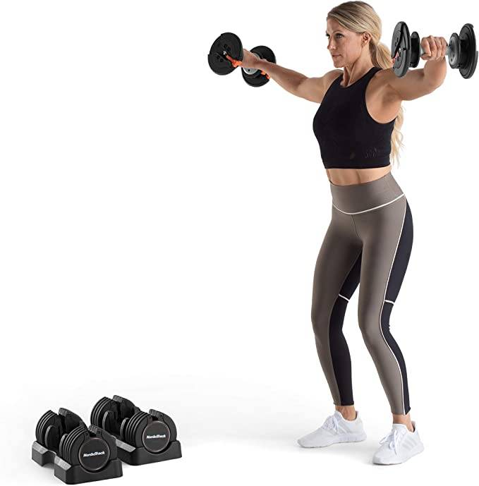 woman exercises with nordictrack dumbbells