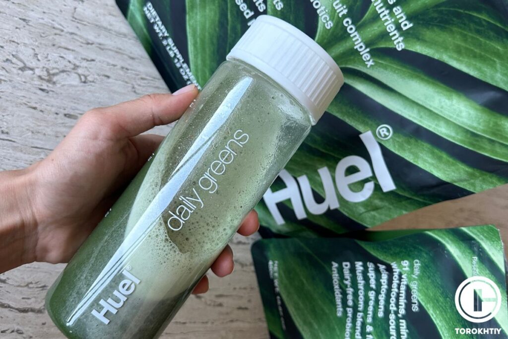 huel daily greens prepared in bottle