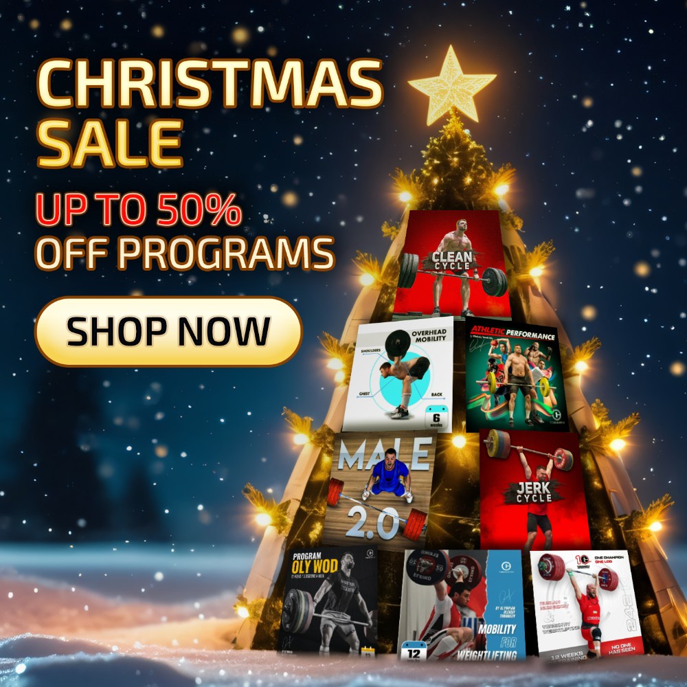 Athlete page promo: fitness program cover Christmas tree, glowing star, snow, lights, "Up to 50% off," yellow Shop Now button. (Torokhtiy Weightlifting)