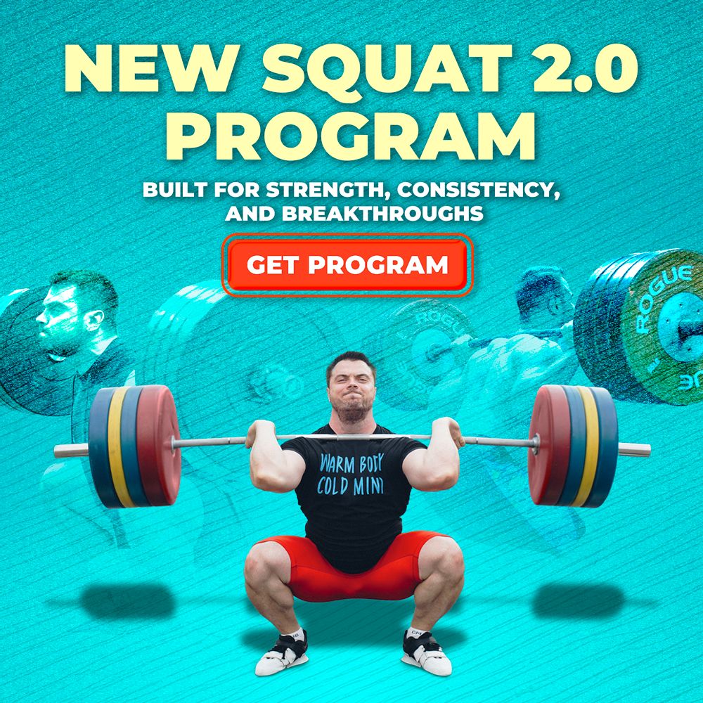 Weightlifter performing a squat with a barbell on a teal background, promoting a squat program by Olympian Oleksiy Torokhtiy